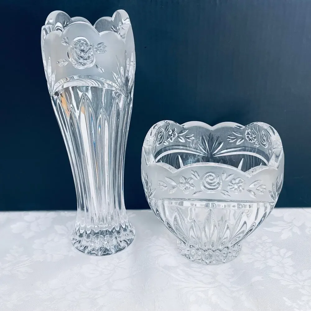 Vtg Oneida Crystal Southern Gardens Bud Vase Candy Dish Bowl Germany Floral Moti